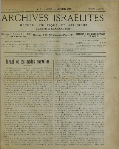 Archives israélites de France. Vol.81 N°05 (29 janv. 1920)